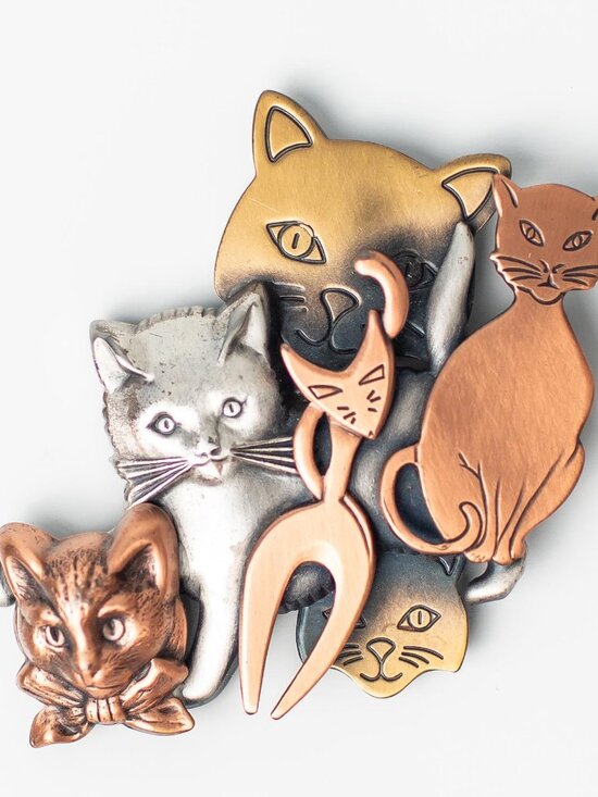 Jewelry - Vintage Crazy Cat Lady Brooch Layered Metal Cats Whimsical Copper Gold Silver